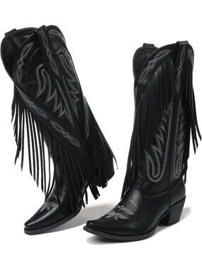 Women's Black Retro Pointed Toe Pull On Block Chunky Heel Embroider Cowgirl Boot